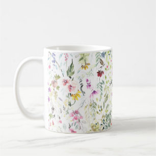 Mug with hand painted watercolor flower and plants