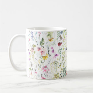 Mug with hand painted watercolor flower and plants