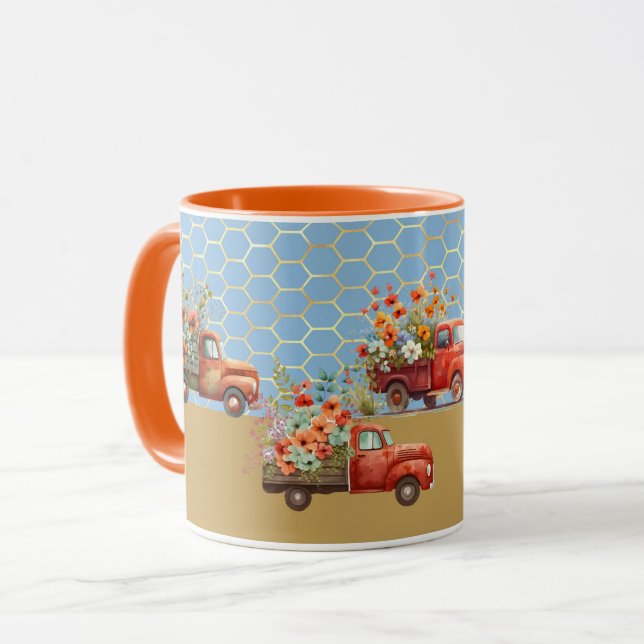 Mug with Red Trucks & Flowers (Front Left)