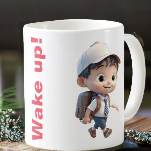Mug with ringing alarm clock and cute kid