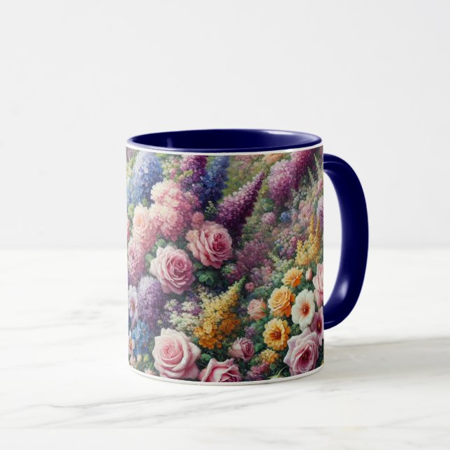Mug with soft purple, pink, and yellow flowers (Front Right)