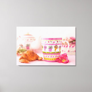 Mug With Tea, Croissant And Flower Canvas Print