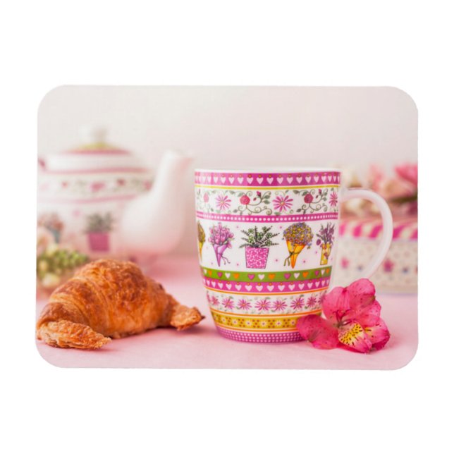 Mug With Tea, Croissant And Flower Magnet (Horizontal)