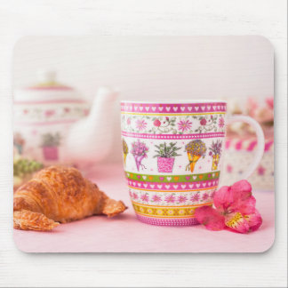 Mug With Tea, Croissant And Flower Mouse Mat