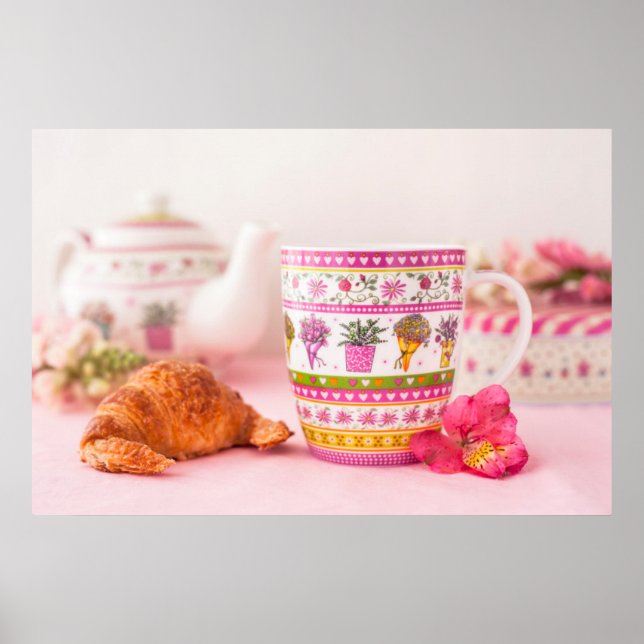 Mug With Tea, Croissant And Flower Poster (Front)
