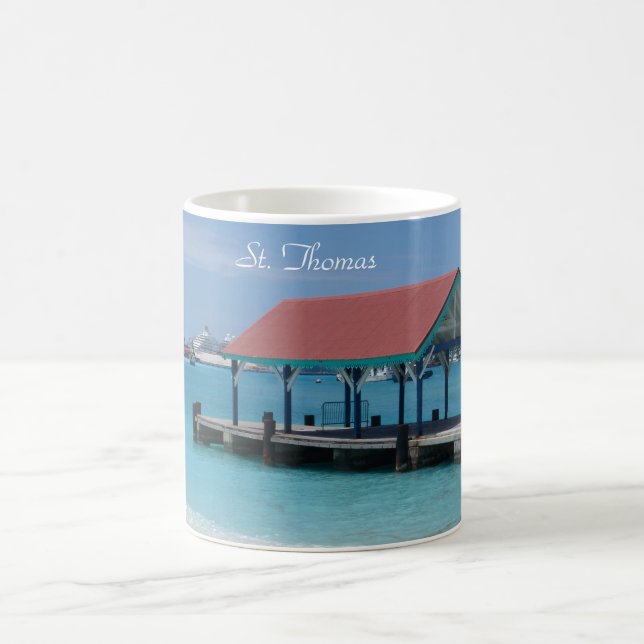 Mug with view of St. Thomas port, Cruise ship Seen (Center)