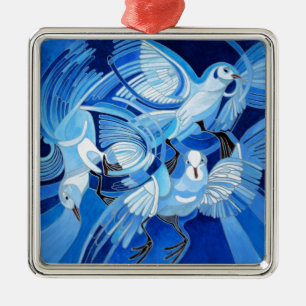 Muge's Pigeons in Blue Metal Tree Decoration