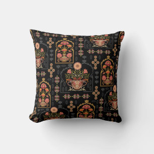 Mughal Floral Motif: Black Seamless. Cushion