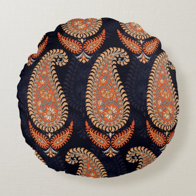 Mughal floral motif pattern on navy round cushion (Front)