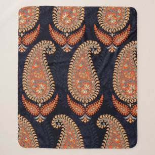 Mughal floral motif pattern on navy sherpa blanket