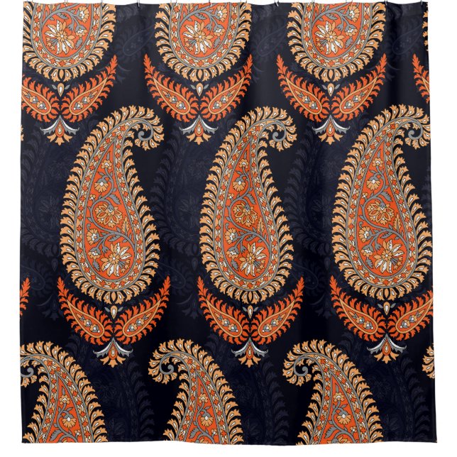 Mughal floral motif pattern on navy shower curtain (Front)