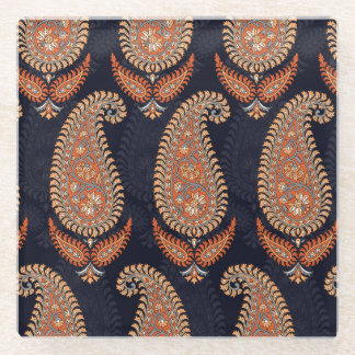 Mughal floral navy motif, elegant pattern. glass coaster