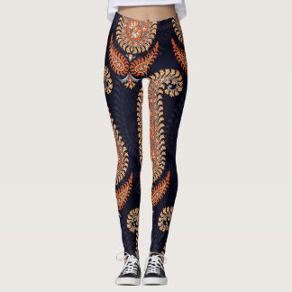 Mughal floral navy motif, elegant pattern. leggings