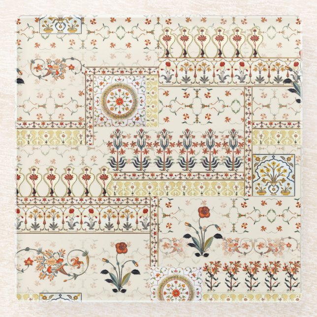 Mughal Floral Paisley: Ethnic Digital Elegance. Glass Coaster (Front)