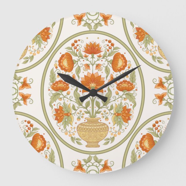 Mughal Motif Fantasy Flowers Pattern Large Clock (Front)