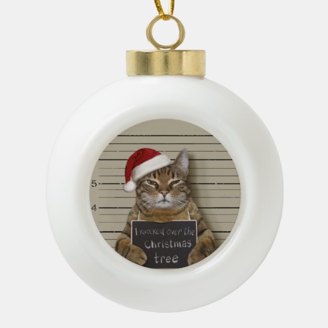 Mugshot Cat Christmas Ceramic Ball Christmas Ornament (Front)