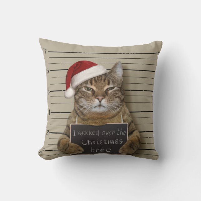 Mugshot Cat Christmas Cushion (Front)