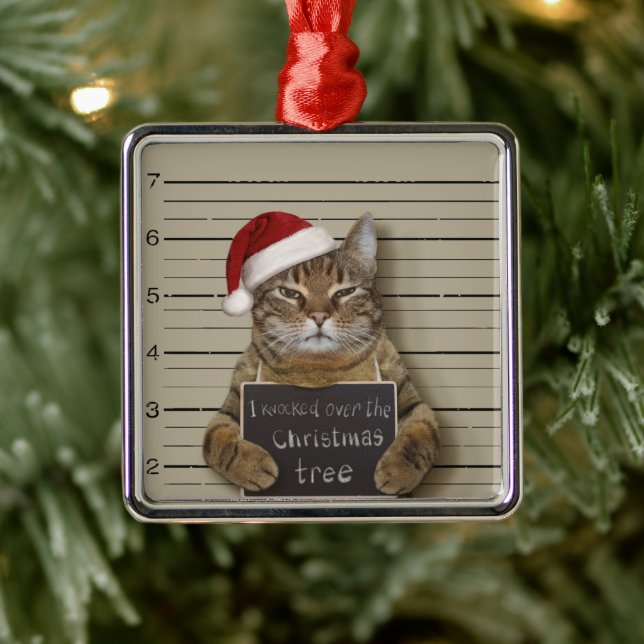 Mugshot Cat Christmas Metal Tree Decoration (Tree)