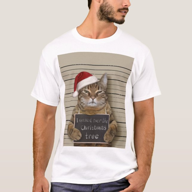Mugshot Cat Christmas T-Shirt (Front)