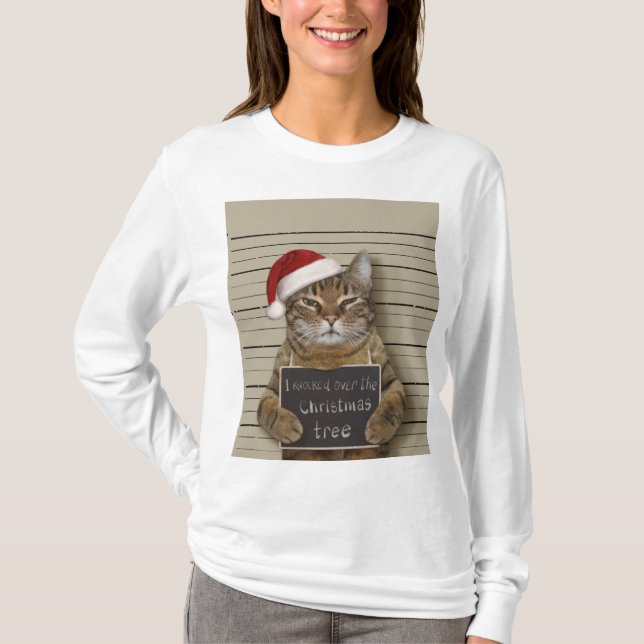 Mugshot Cat Christmas T-Shirt (Front)