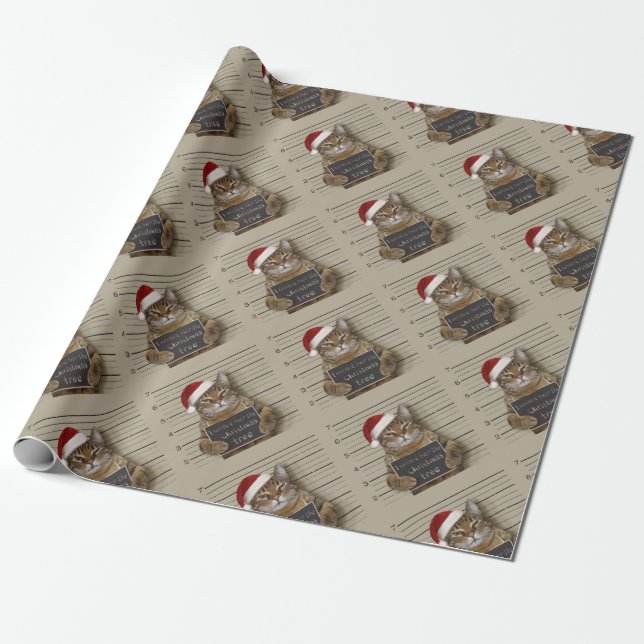 Mugshot Cat Christmas Wrapping Paper (Unrolled)