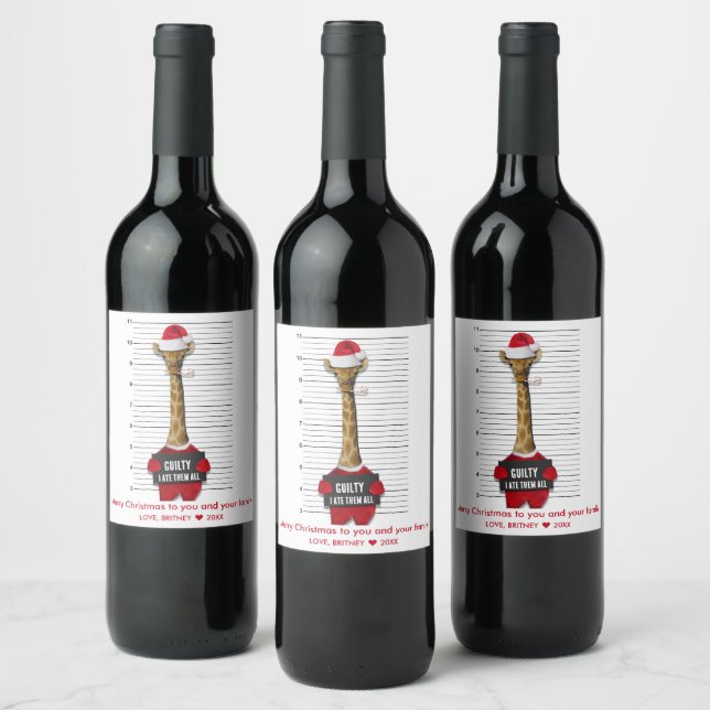 Mugshot Guilty Funny Giraffe Christmas Wine Label (Bottles)