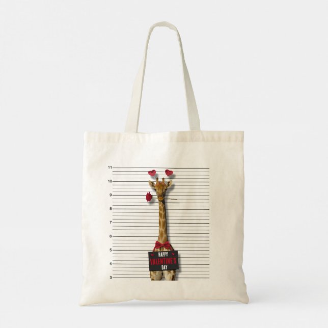 Mugshot Guilty Giraffe Happy Valentine's Day Funny Tote Bag (Back)