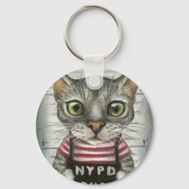 Mugshot of a cat felon key ring (Front)