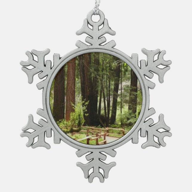 Muir Woods Path I Nature Photography Snowflake Pewter Christmas Ornament (Front)