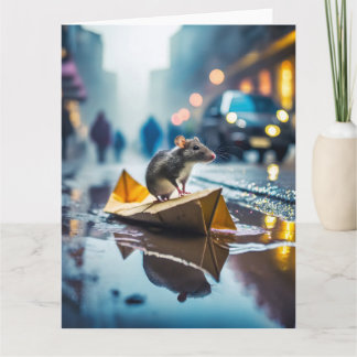 Muis sailing on a boat of paper in the city card