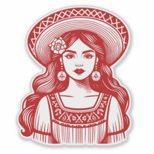 Mujer Mexicana Minimal Line Art Red Sticker