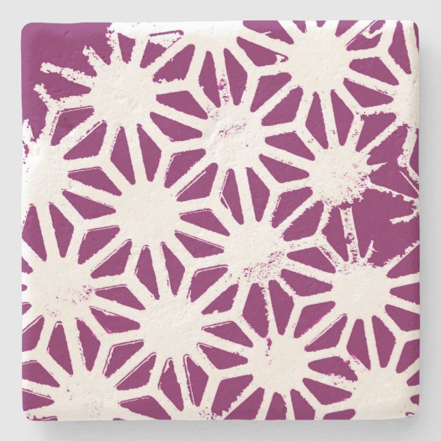 Mulberry and white geometric pattern stone coaster (Front)