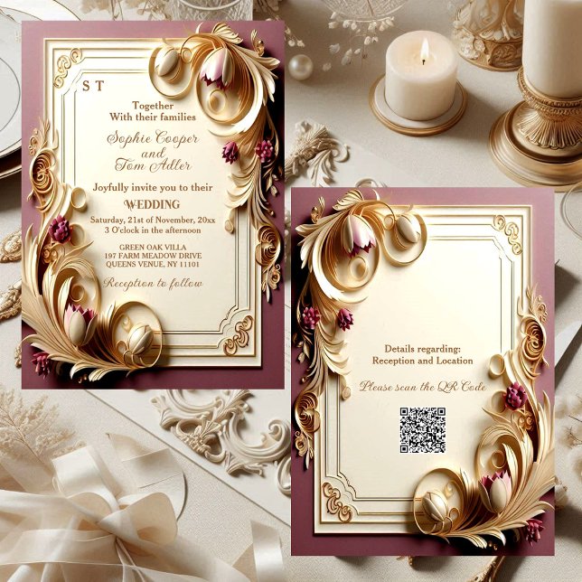 Mulberry Baroque Opulence Ivory Gold Tulip Wedding Invitation (Soft Mulberry Baroque Opulence Ivory Gold Tulip Wedding Invitation)