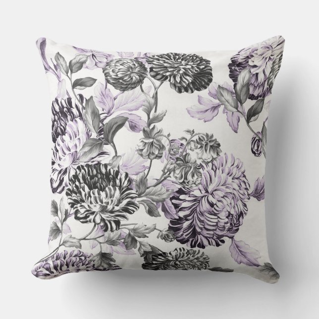 Mulberry Blue Purple Black & White Floral Toile Cushion (Front)