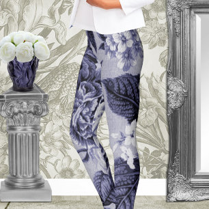 Mulberry Blue Purple Botanical Floral Toile No.1 Leggings