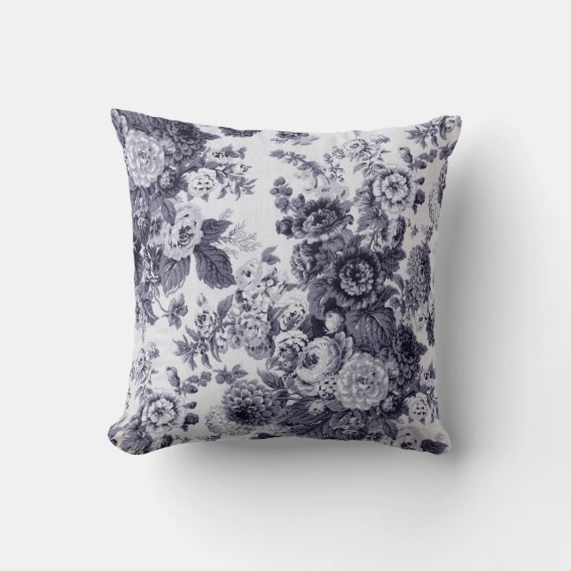 Mulberry Blue Purple Botanical Floral Toile No.5 Cushion (Front)