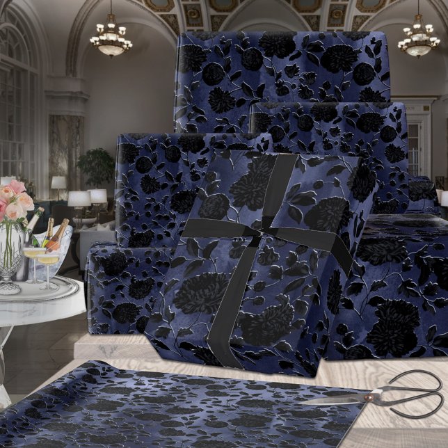 Mulberry Blue Purple Ombre Black Floral Vine Wrapping Paper (Creator Uploaded)