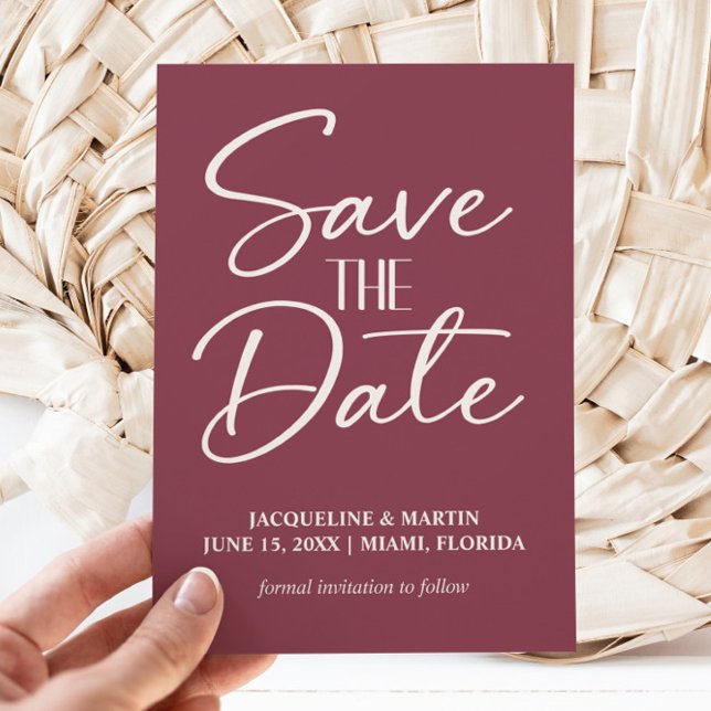 Mulberry Burgundy Wedding Cream Handlettered  Save The Date (Burgundy wedding Save the Date card)