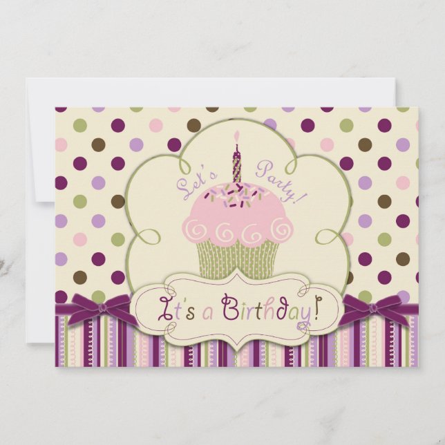 Mulberry Dot Cupcake First Birthday Invitation (Front)