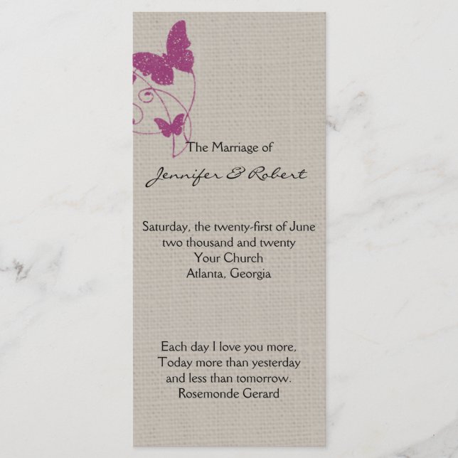 Mulberry Glitter Butterfly Linen Wedding Program Programme (Front)