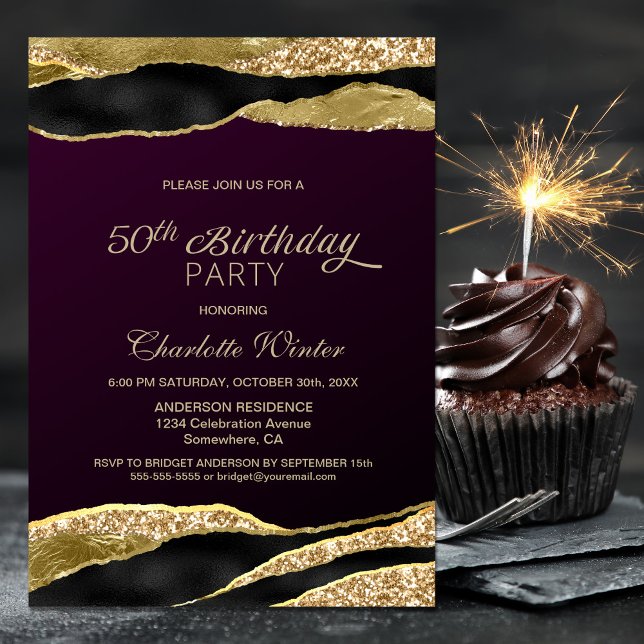 Mulberry Gold Glitter 50th Birthday Party Invitation (Creator Uploaded)