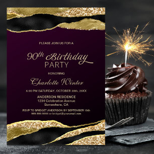 Mulberry Gold Glitter 90th Birthday Party Invitation