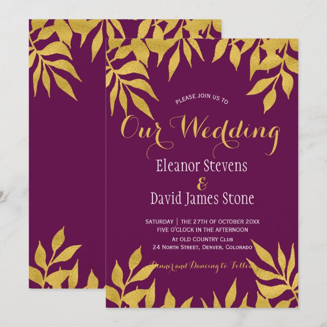 Mulberry gold leaves fall trendy wedding invitation (Front/Back)