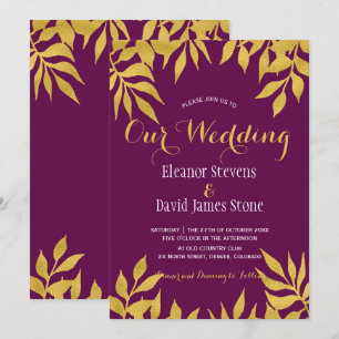 Mulberry gold leaves fall trendy wedding invitation