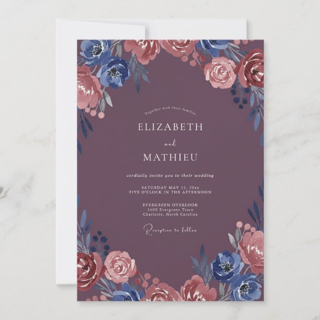 Mulberry Indigo Ranunculus Wedding Invitation (Front)