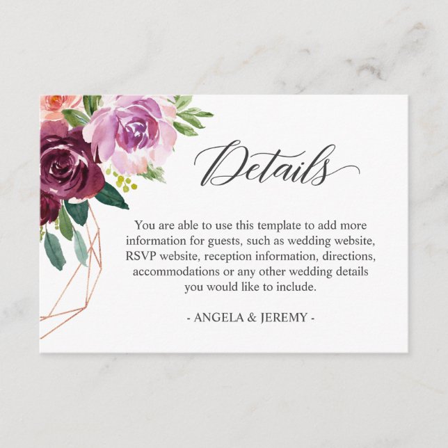 Mulberry Lilac Purple Floral Wedding Details Enclosure Card (Front)