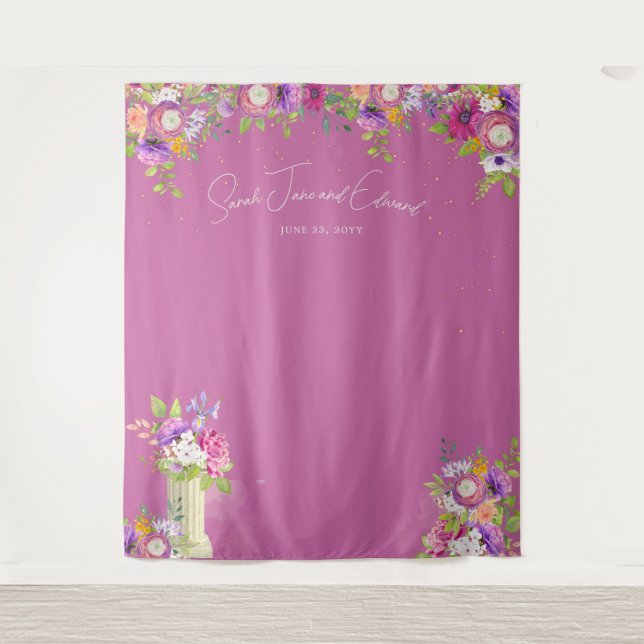 Mulberry Pink Floral Bridal Photo Booth Backdrop Tapestry (Front)