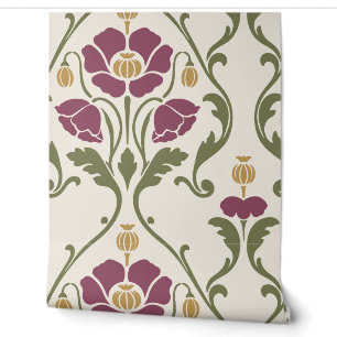 Mulberry Plum and Olive Art Nouveau Poppy Damask Wallpaper