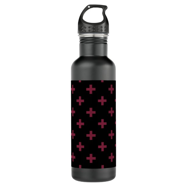 Mulberry polka crosses on black 710 ml water bottle (Front)