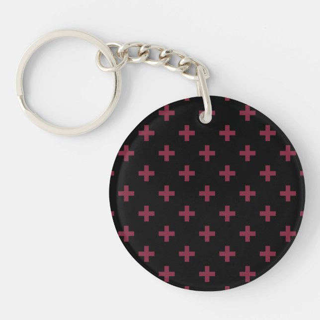 Mulberry polka crosses on black key ring (Front)